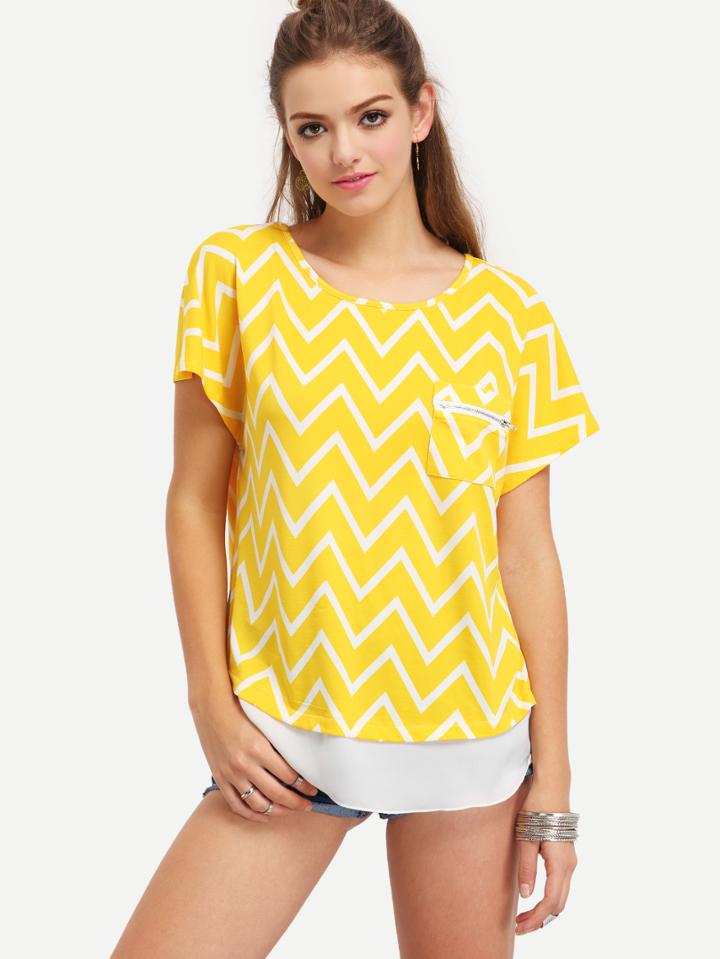 Shein Yellow Short Sleeve Striped Pocket T-shirt