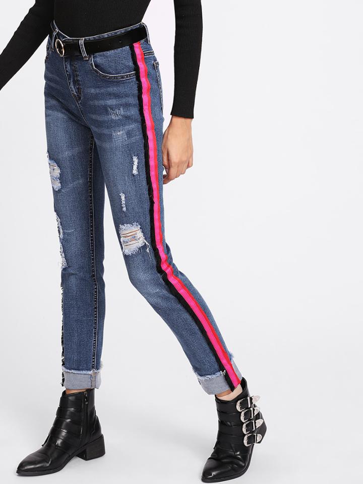 Shein Striped Ripped Raw Hem Jeans