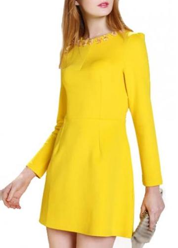 Rosewe Pretty Yellow Round Neck Long Sleeve A Line Dress