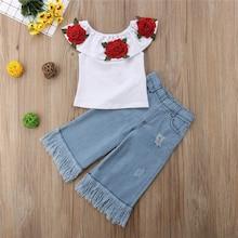 Shein Toddler Girls Rose Pattern Appliques Top With Ripped Shorts