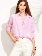 Shein Pink Striped Roll Up Sleeve Buttons Blouse