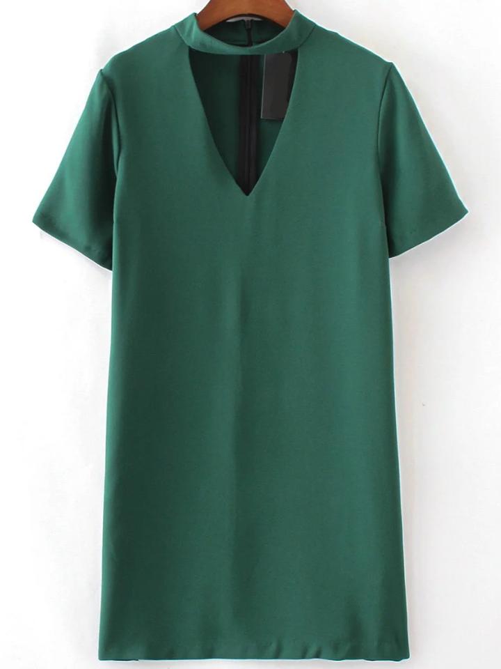 Shein Green Choker V Neck Short Sleeve Dress