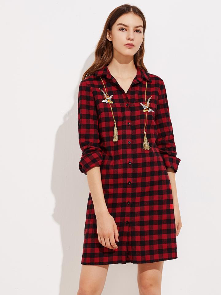 Shein Bird Embroidery Tassel Embellished Shirt Dress