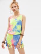 Shein Knotted Fringe Trim V Back Pastel Tie Dye Blouson Romper