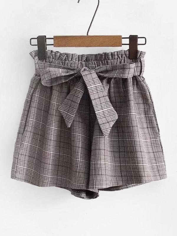 Shein Frill Waist Plaid Shorts With Belt