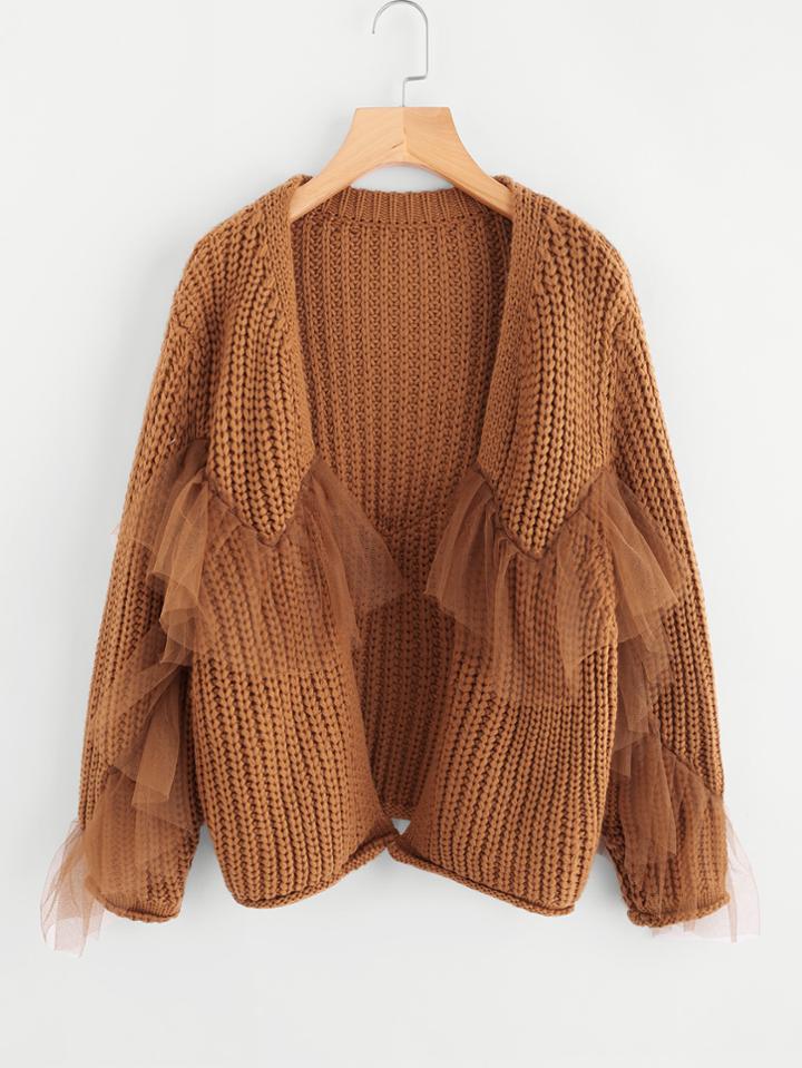 Shein Ruffle Mesh Embellishing Open Front Cardigan