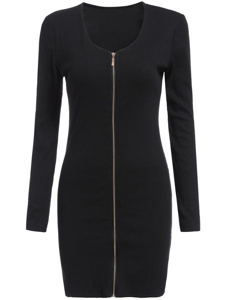 Shein Black Round Neck Zipper Bodycon Dress