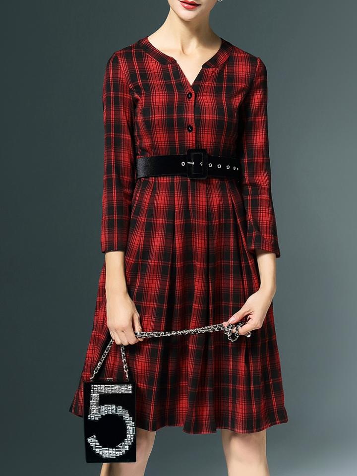 Shein Red V Neck Belted Plaid A-line Dress