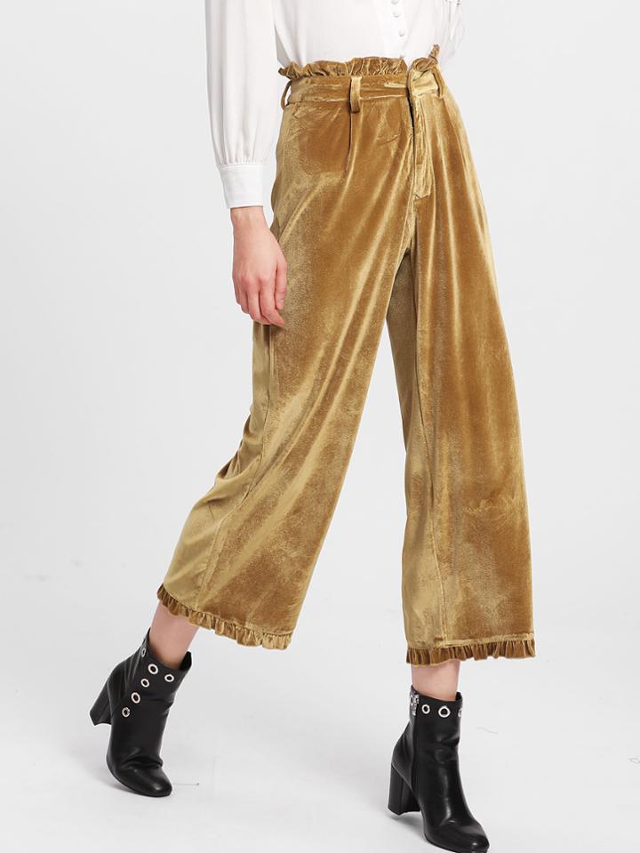 Shein Frilled Waist And Hem Velvet Culotte Pants