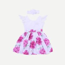 Shein Girls Contrast Lace Sleeve Floral Print Dress With Headband