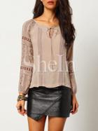 Shein Apricot Tie Neck Keyhole Embroidered Blouse