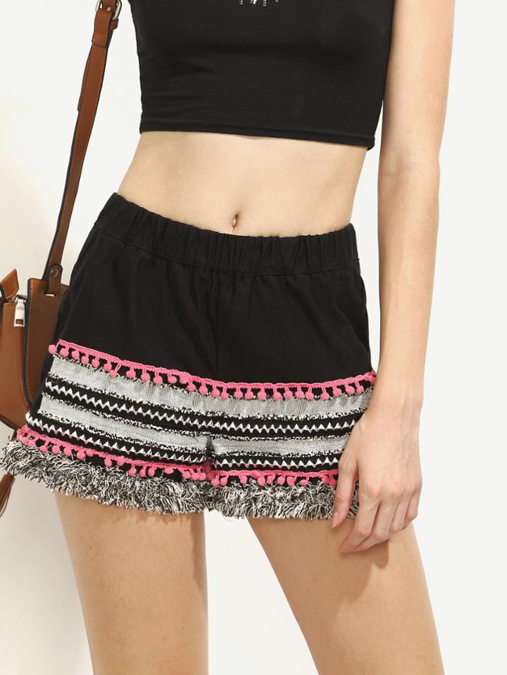 Shein Black Pom-pom Fringe Trim Shorts With Pockets