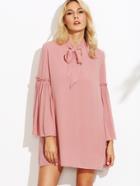 Shein Pink Tie Neck Frill Bell Sleeve Tunic Dress