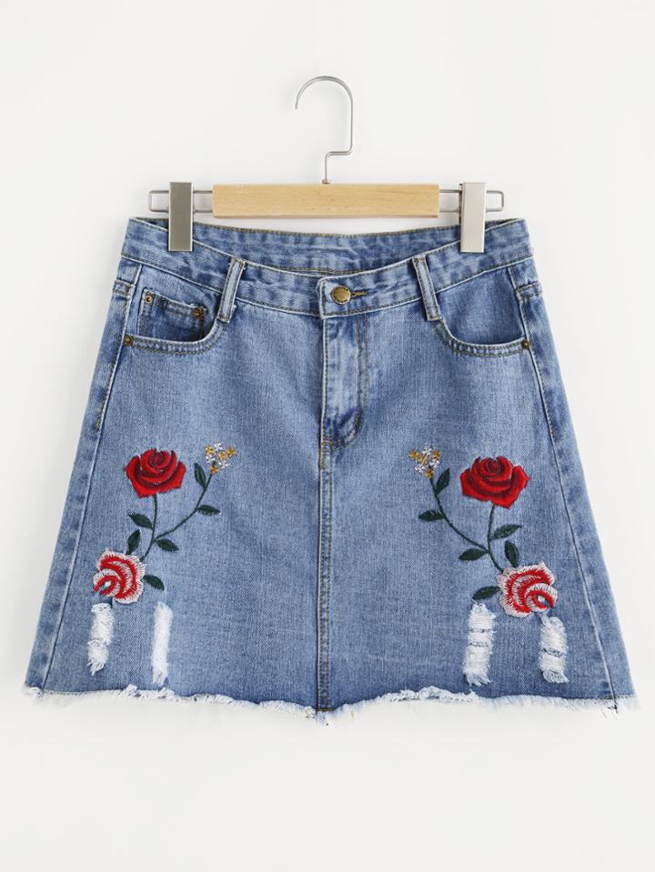 Shein Symmetric Embroidery Ripped Frayed Hem Denim Skirt
