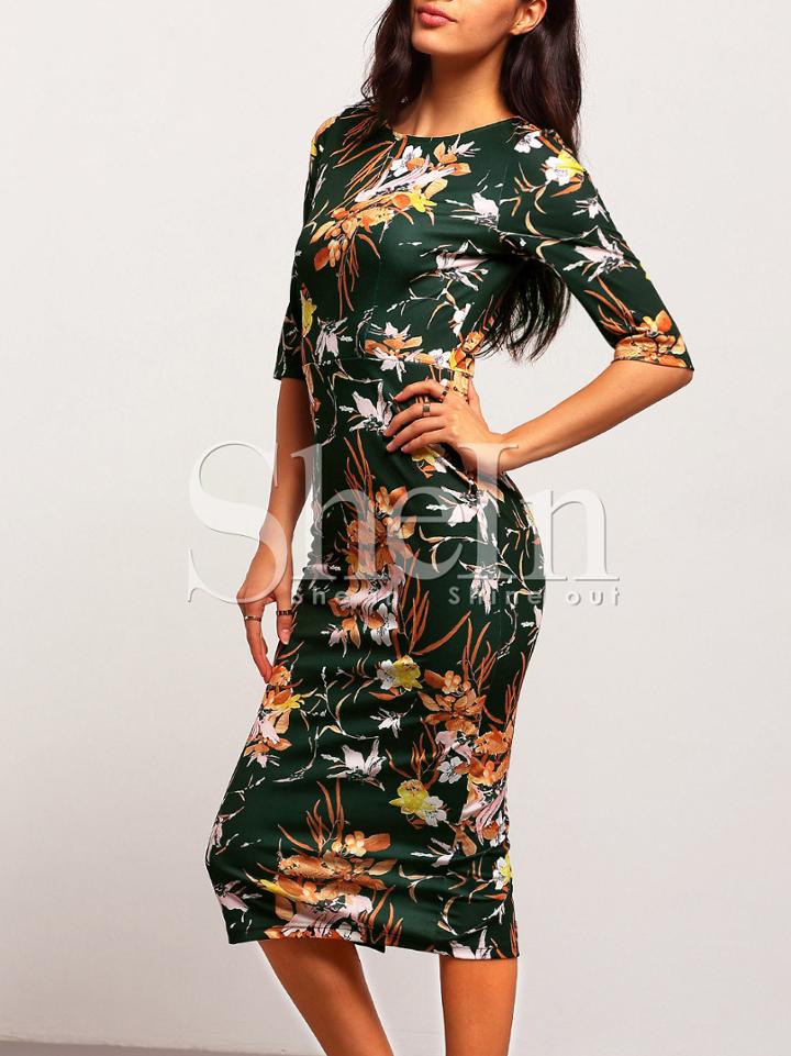 Shein Green Mock Neck Floral Sheath Dress