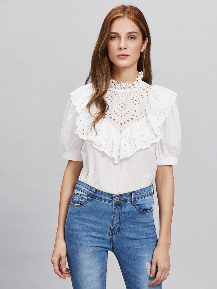 Shein Eyelet Embroidered Frill Trim Puff Sleeve Blouse
