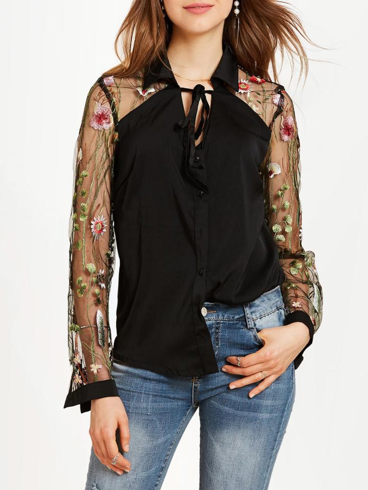 Shein Embroidery Mesh Panel Tie Detail Blouse