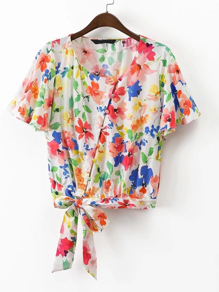 Shein Oblique Buttons Knot Waist Top