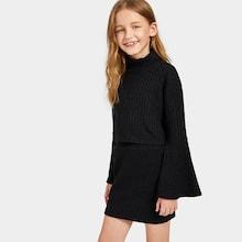 Shein Girls Roll Neck Ribbed Knit Pullover & Skirt Set