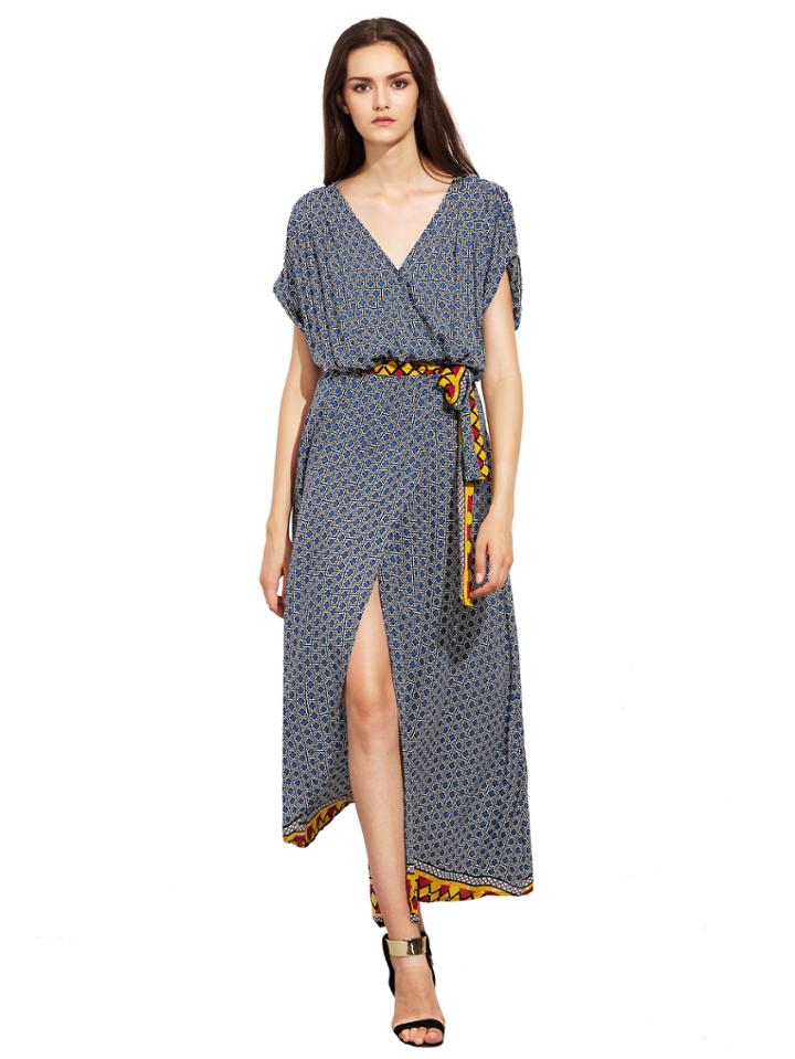 Shein Grey Purple Short Sleeve Geometric Print Split Maxi Dress