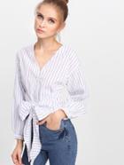 Shein Bow Tie Front Pinstripe Blouse