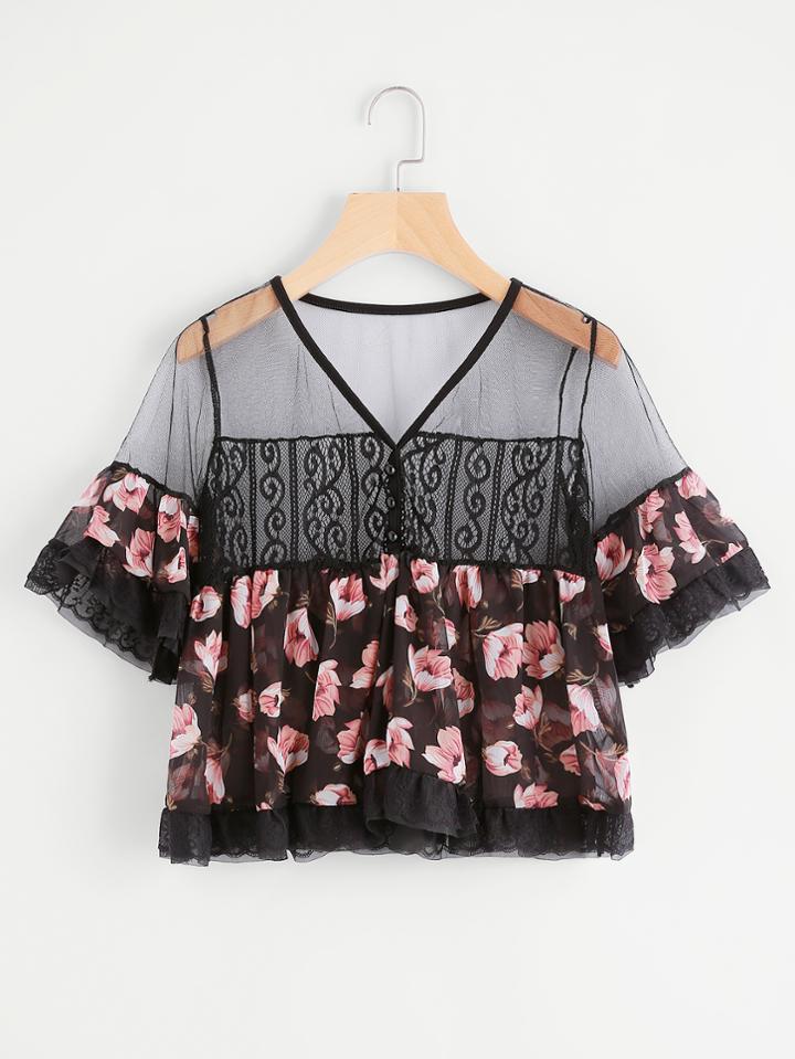Shein Florals Sheer Mesh Panel Smoke Top