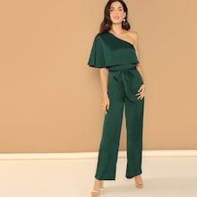 Shein Flounce One Shoulder Wide Leg Jumpsuit With Belt