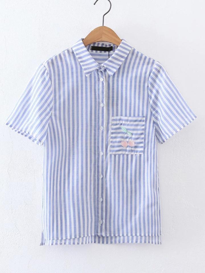 Shein Pocket Front High Low Embroidered Striped Blouse