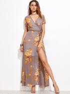 Shein Grey Flower Print Self Tie Warp Dress