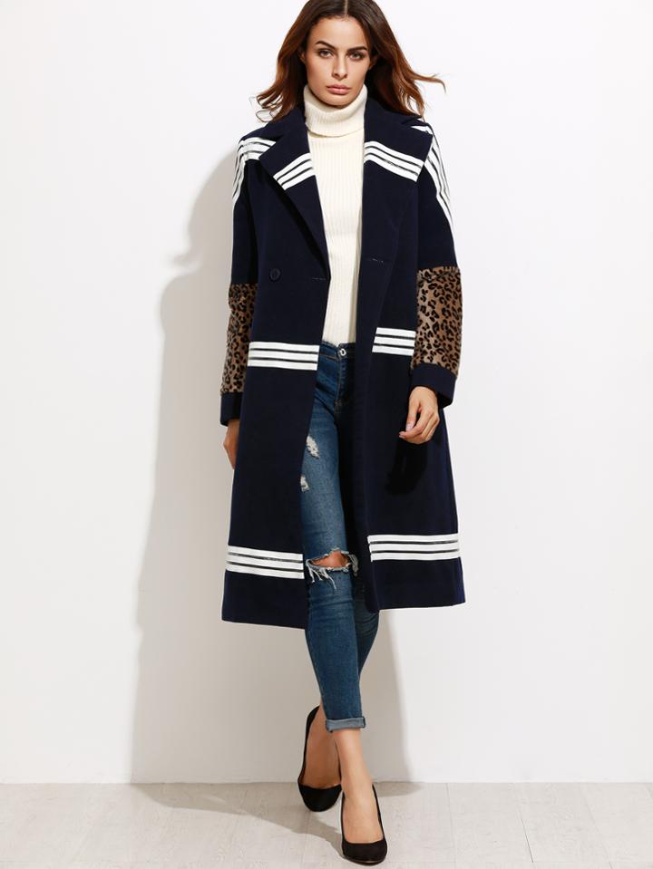 Shein Navy Striped Leopard Sleeve Coat