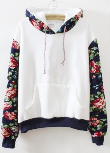Rosewe Long Sleeve Flower Print White Hooded Sweats