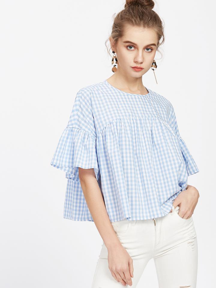 Shein Checkered Frill Sleeve Keyhole Back Babydoll Top
