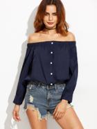 Shein Navy Off The Shoulder Button Front Blouse