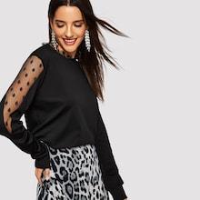 Shein Lace Insert Sleeve Solid Sweatshirt