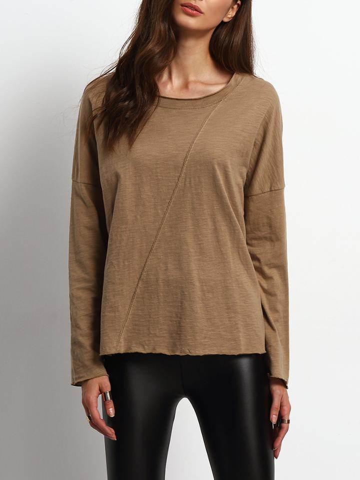Shein Camel Round Neck Crimping Loose T-shirt