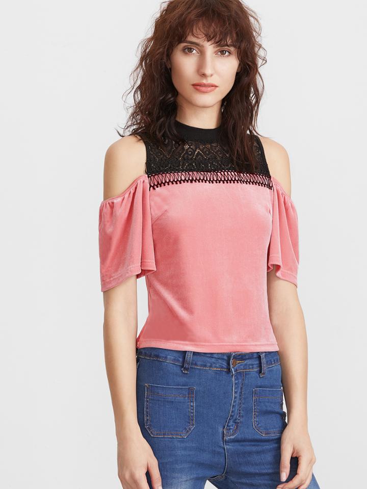 Shein Contrast Lace Neck Cold Shoulder Velvet Top