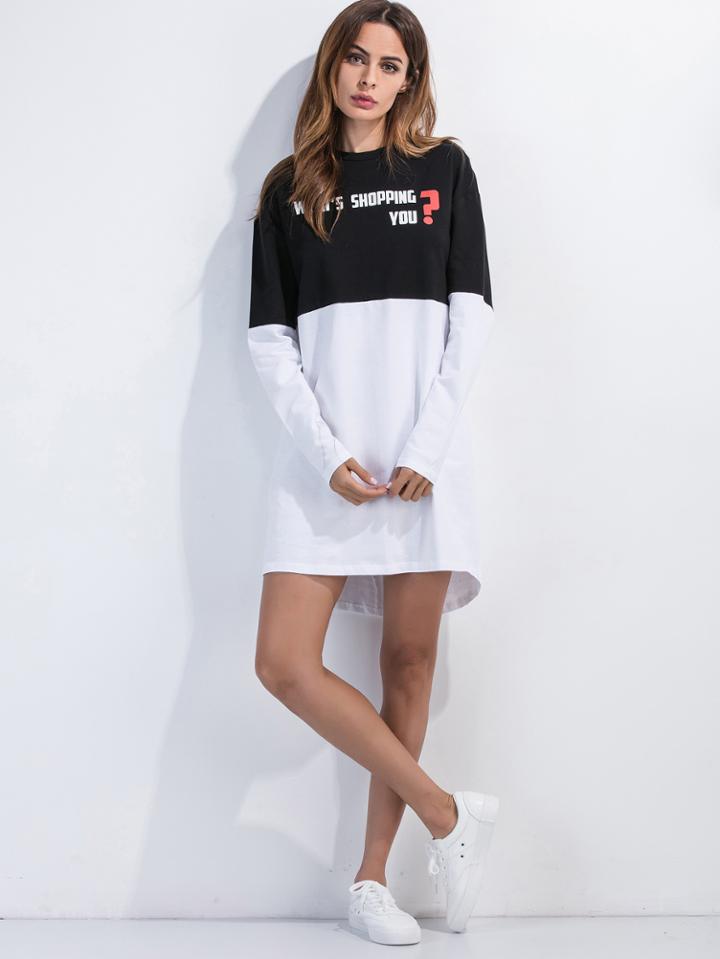 Shein Color Block Slogan Print Dip Hem Tee Dress