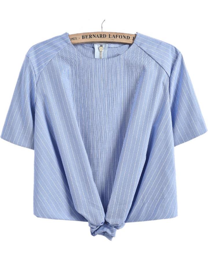 Shein Blue Short Sleeve Striped Crop Blouse