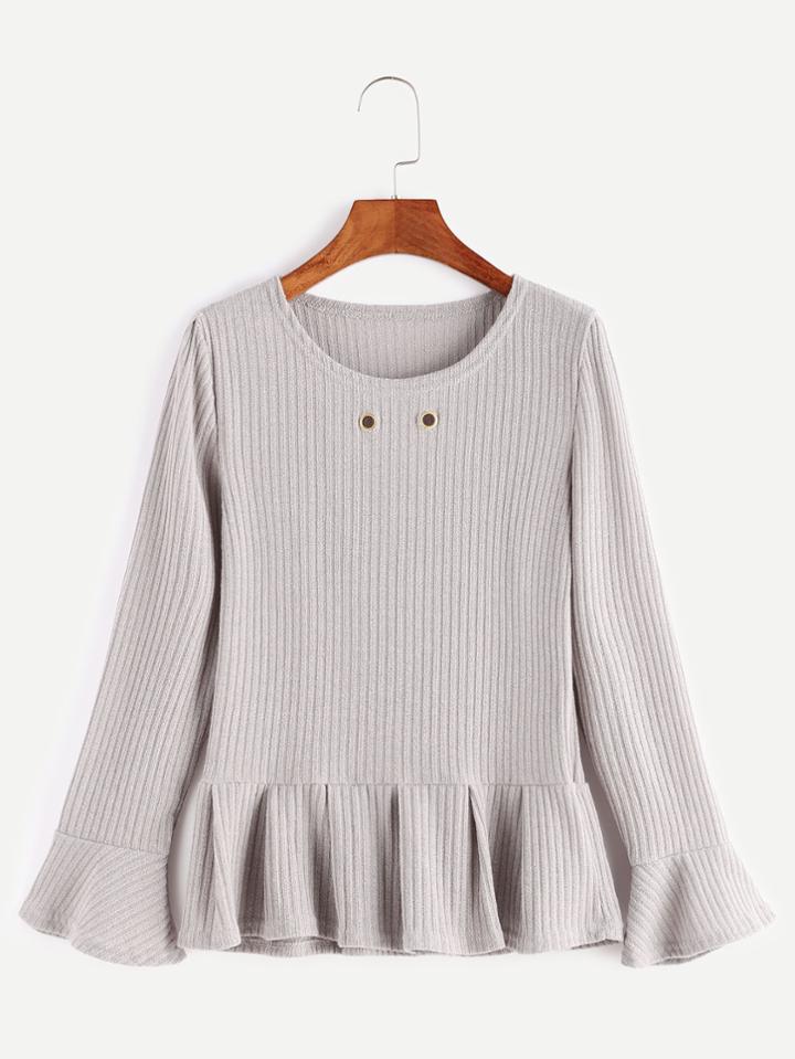 Shein Grey Ribbed Bell Sleeve Eyelet Peplum T-shirt