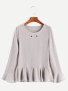 Shein Grey Ribbed Bell Sleeve Eyelet Peplum T-shirt