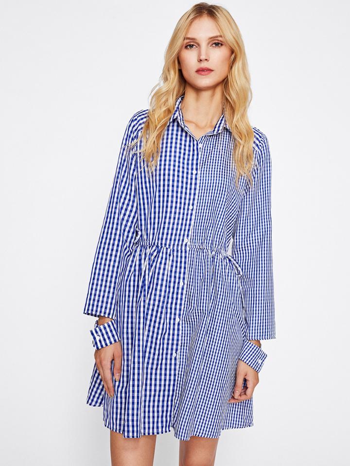 Shein Open Cuff Drawstring Waist Mixed Gingham Shirt Dress