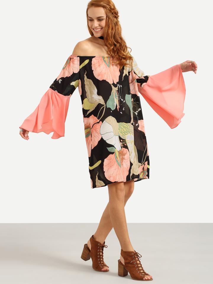 Shein Off-the-shoulder Bell Sleeve Multicolor Flower Print Dress