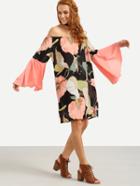 Shein Off-the-shoulder Bell Sleeve Multicolor Flower Print Dress