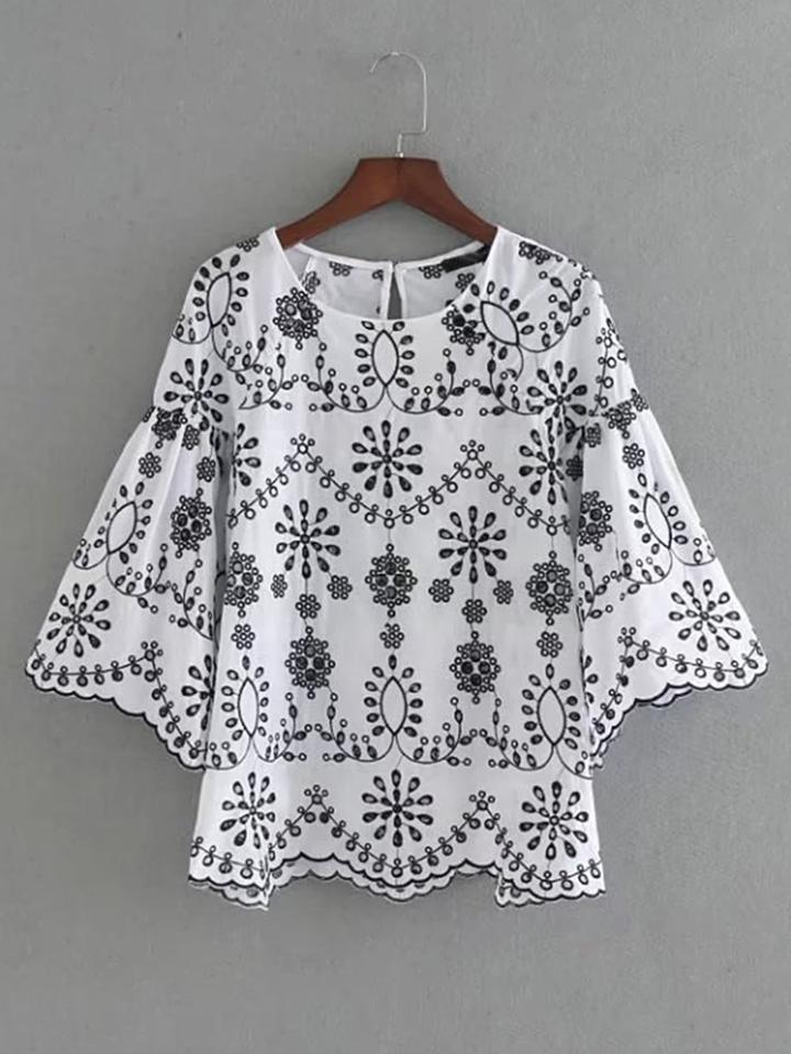 Shein Bell Sleeve Wave Hem Embroidery Top