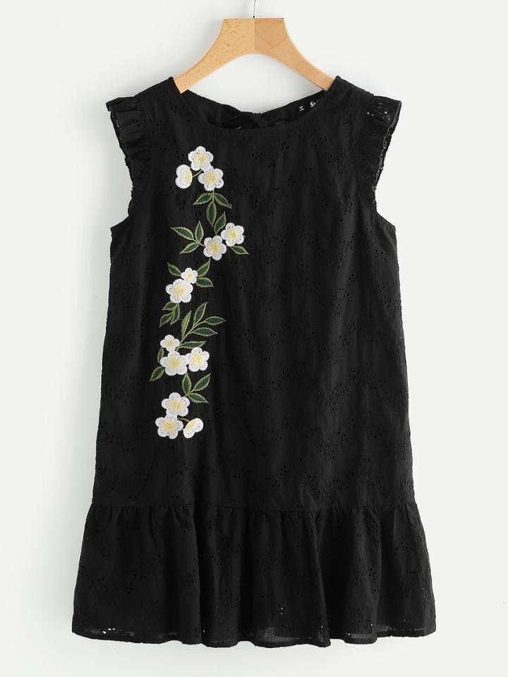 Shein Eyelet Embroidered Cutout Tie Back Frilled Hem Dress