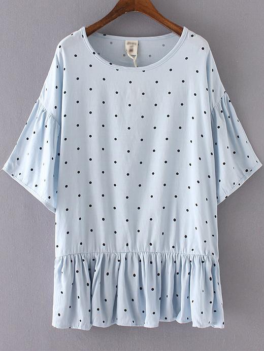 Shein Blue Polka Dot Pleated Blouse