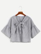 Shein Black Vertical Striped Bow Tie Front Bell Sleeve Top