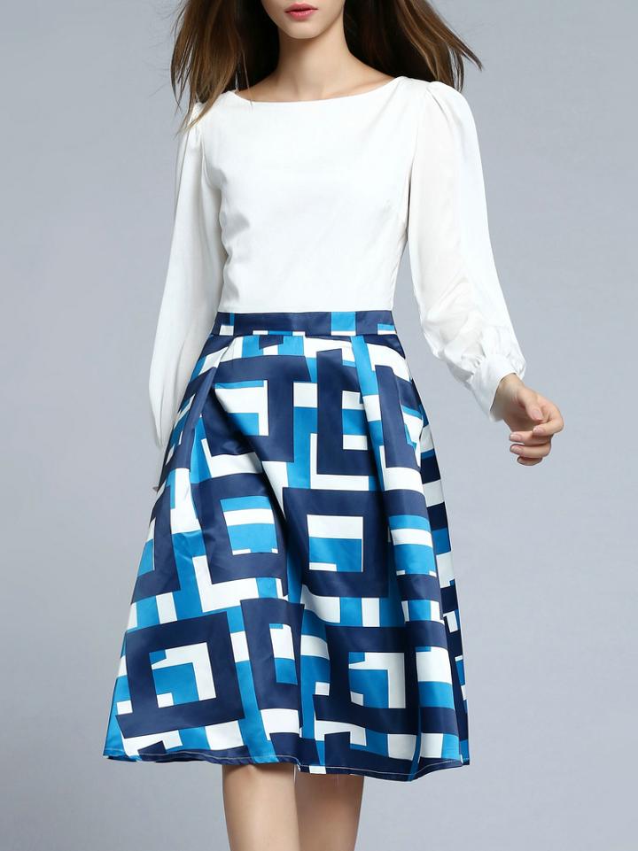Shein White Contrast Blue A-line Dress