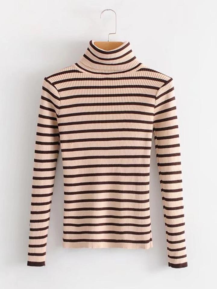 Shein Button Sleeve Turtleneck Striped Knitwear