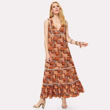 Shein Knot Front Lace Insert Patchwork Print Dress
